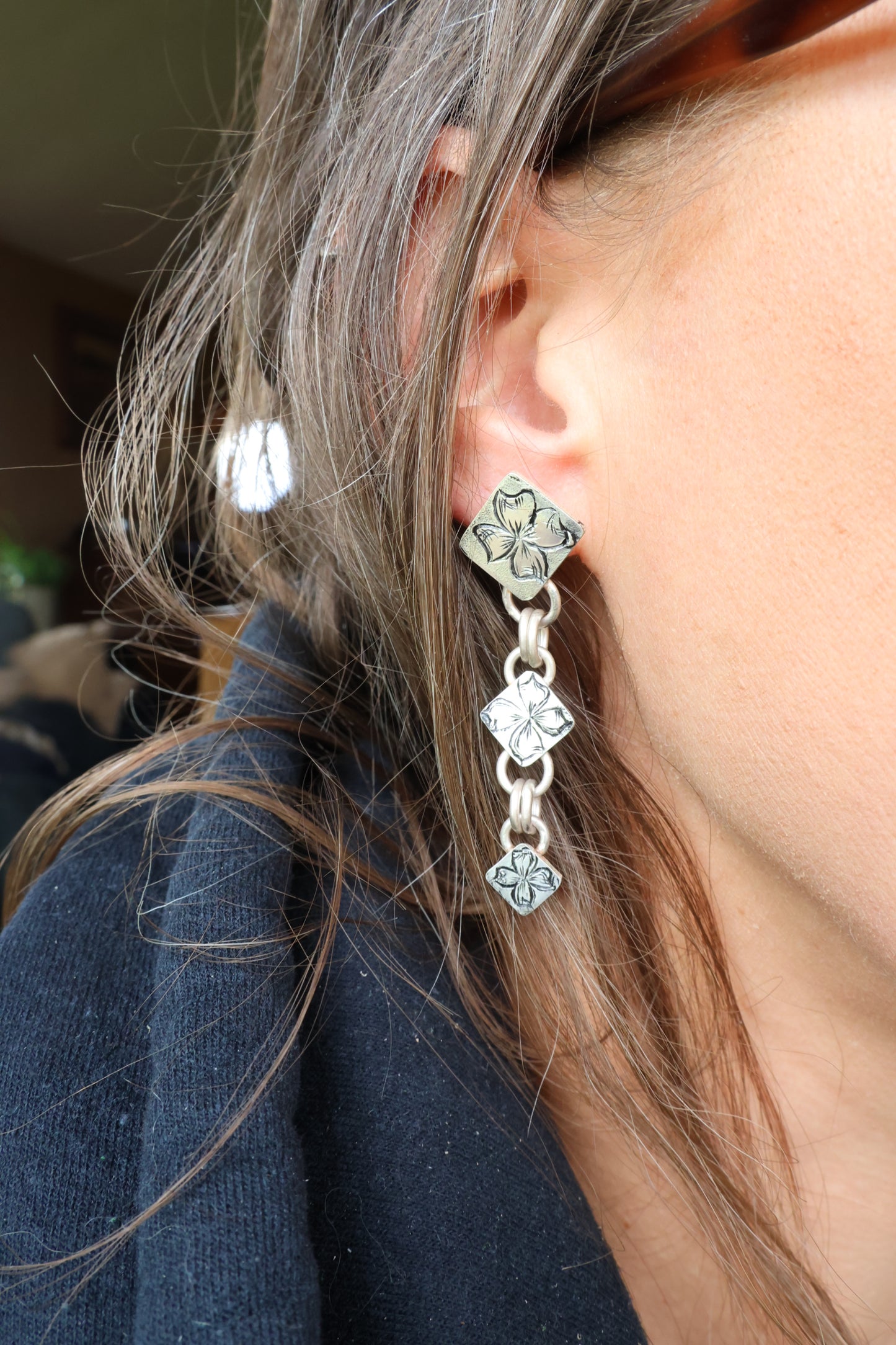 Hand Engraved Dangle flower earrings