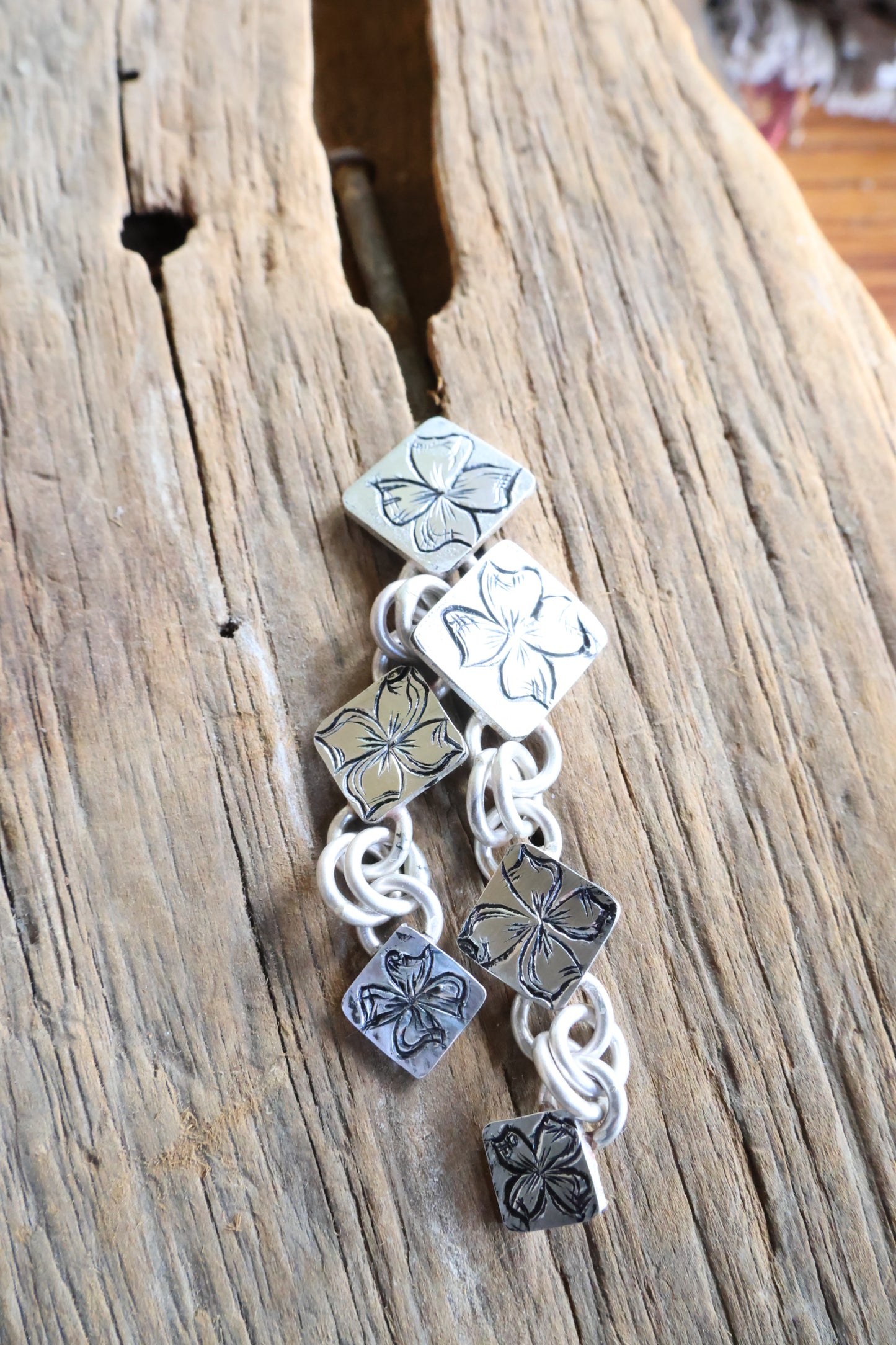 Hand Engraved Dangle flower earrings
