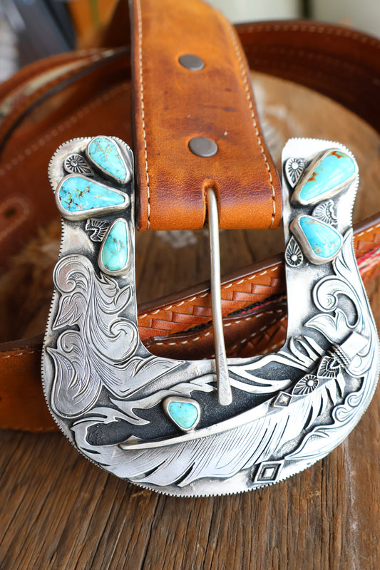 Kingman turquoise belt buckle •Solid sterling silver