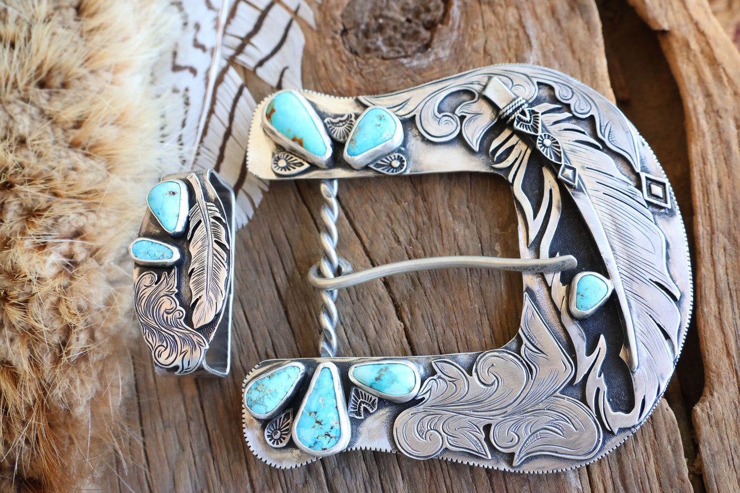 Sterling silver belt keeper with Kingman turquoise