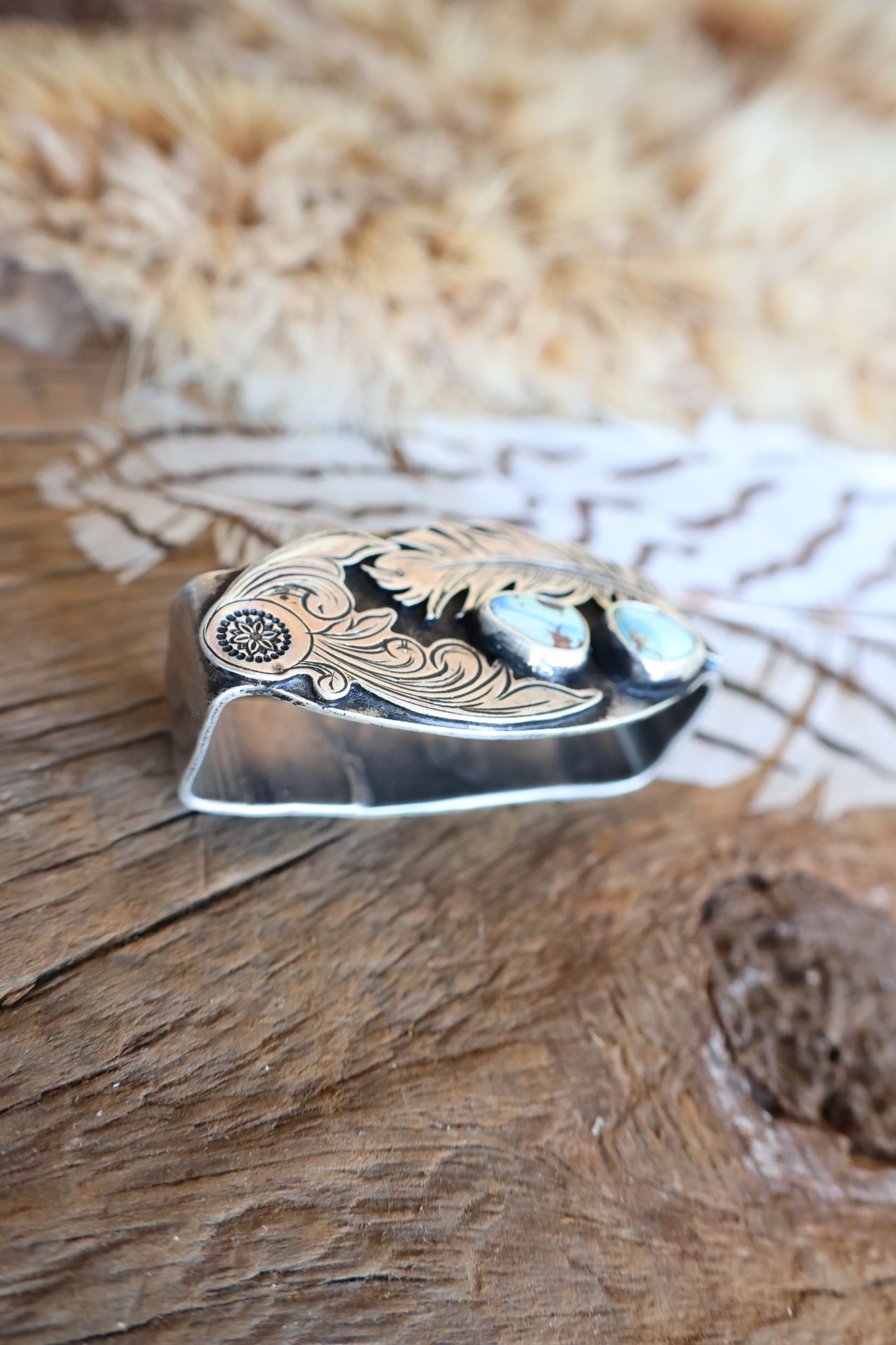 Sterling silver belt keeper with golden hills turquoise