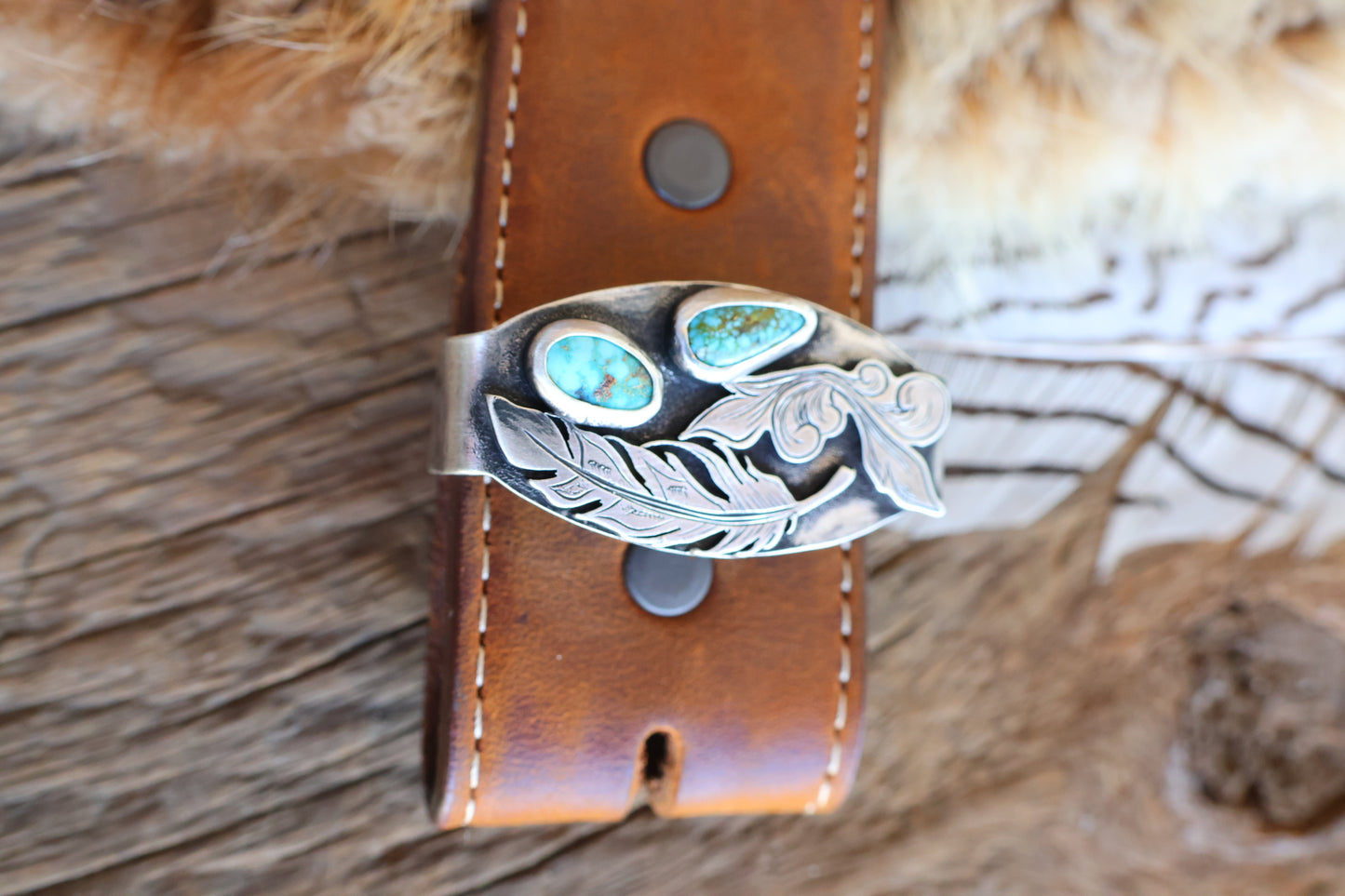 Sterling silver belt keeper with Kingman turquoise