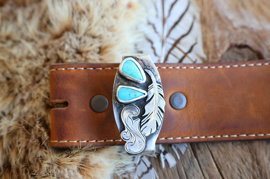 Sterling silver belt keeper with Kingman turquoise