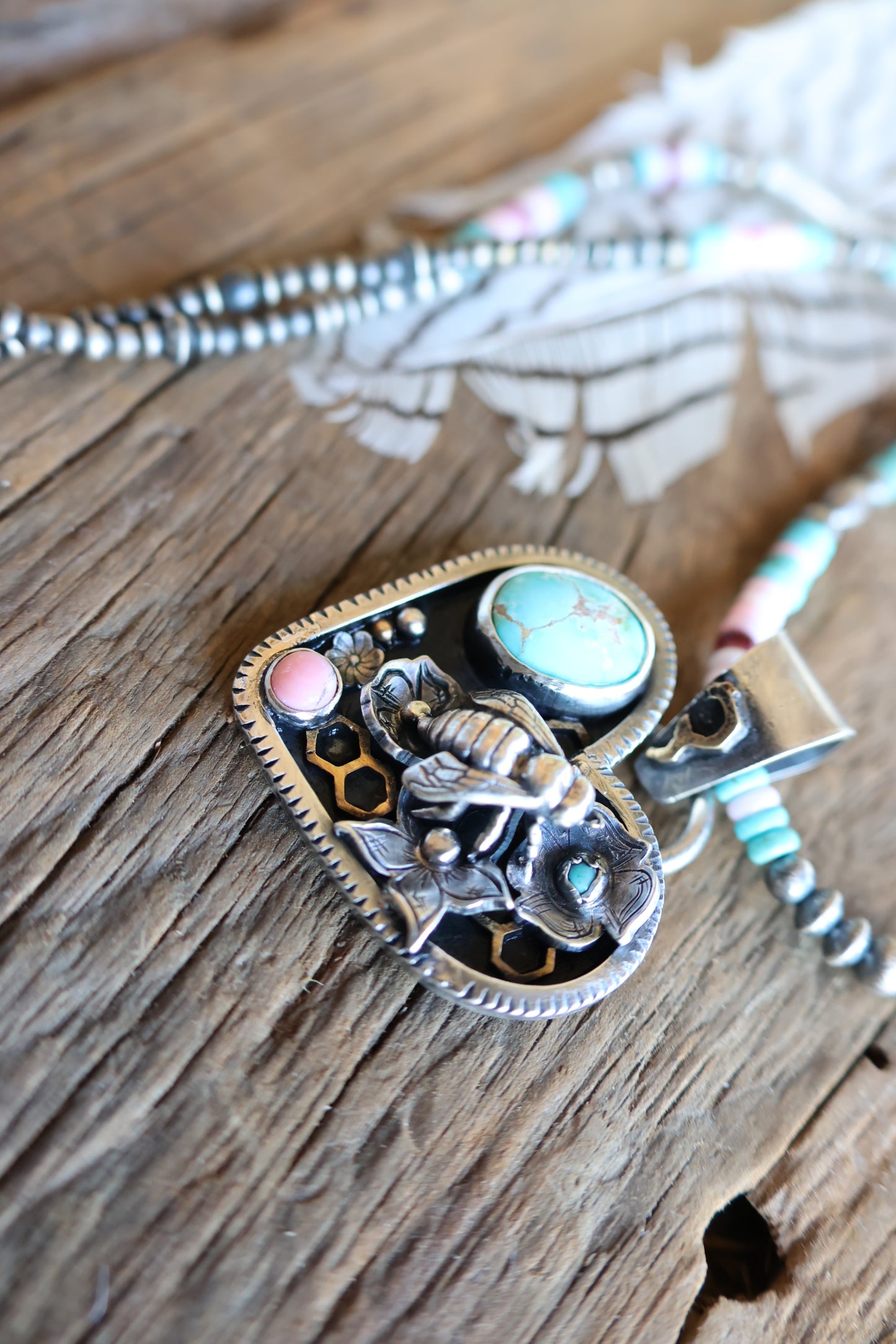 Honey Bee flower heart pendant