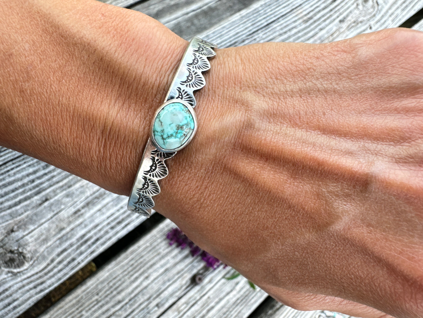 Fox Turquoise Hand Stamped Cuff