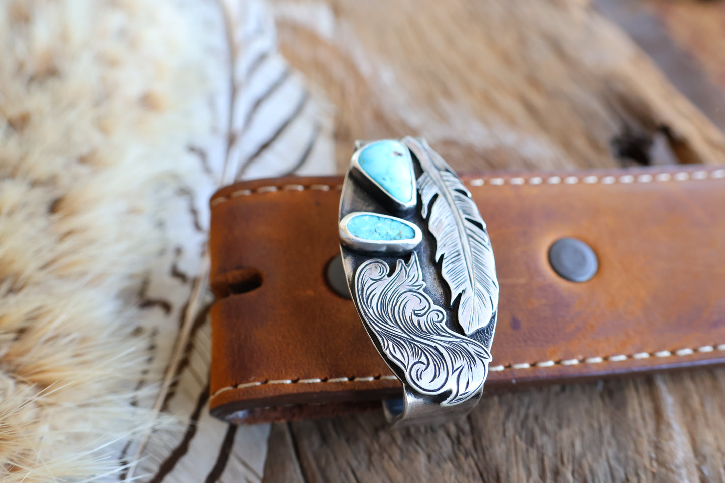 Sterling silver belt keeper with Kingman turquoise