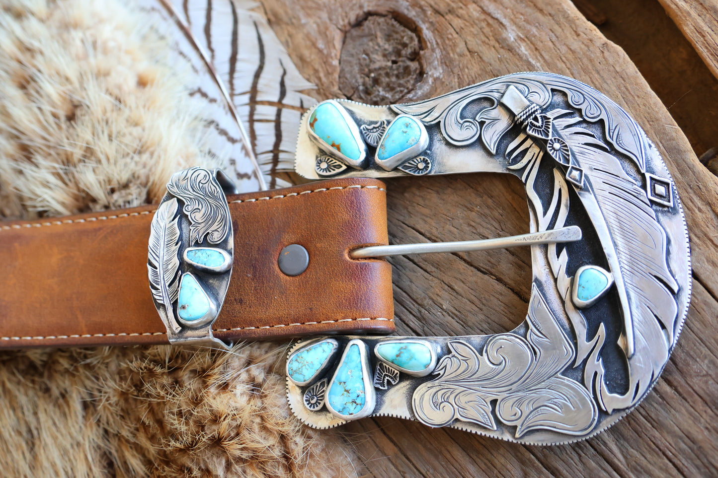 Sterling silver belt keeper with Kingman turquoise