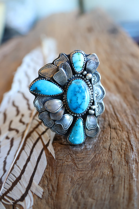 Kingman turquoise flower cluster ring