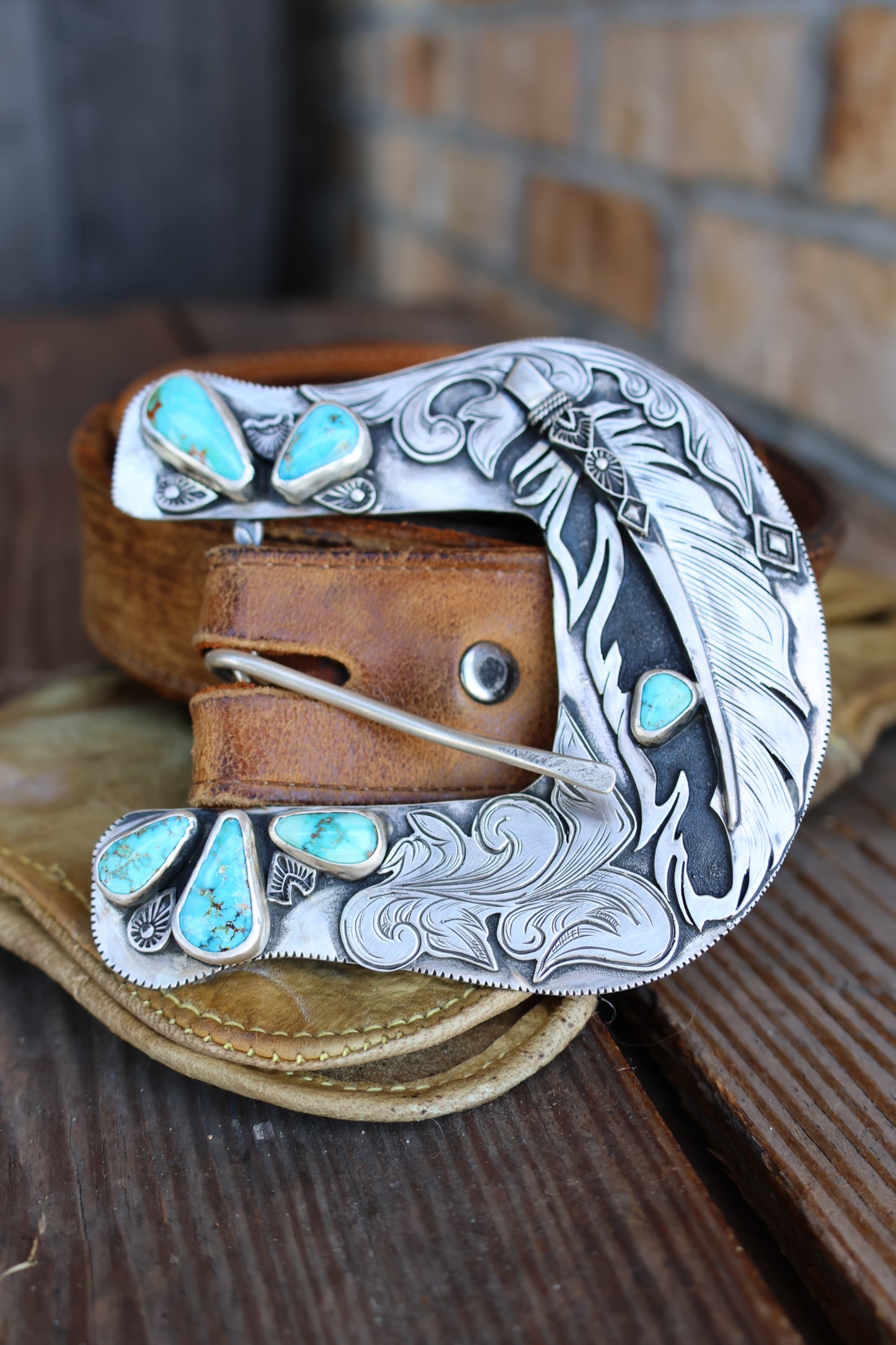 Kingman turquoise belt buckle •Solid sterling silver
