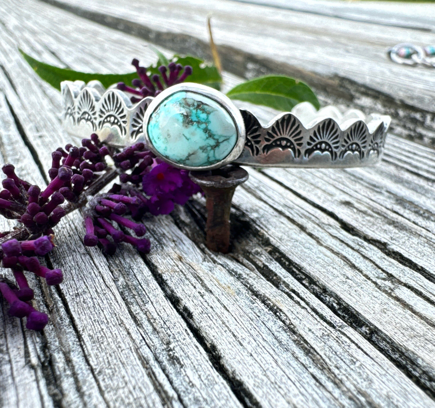 Fox Turquoise Hand Stamped Cuff