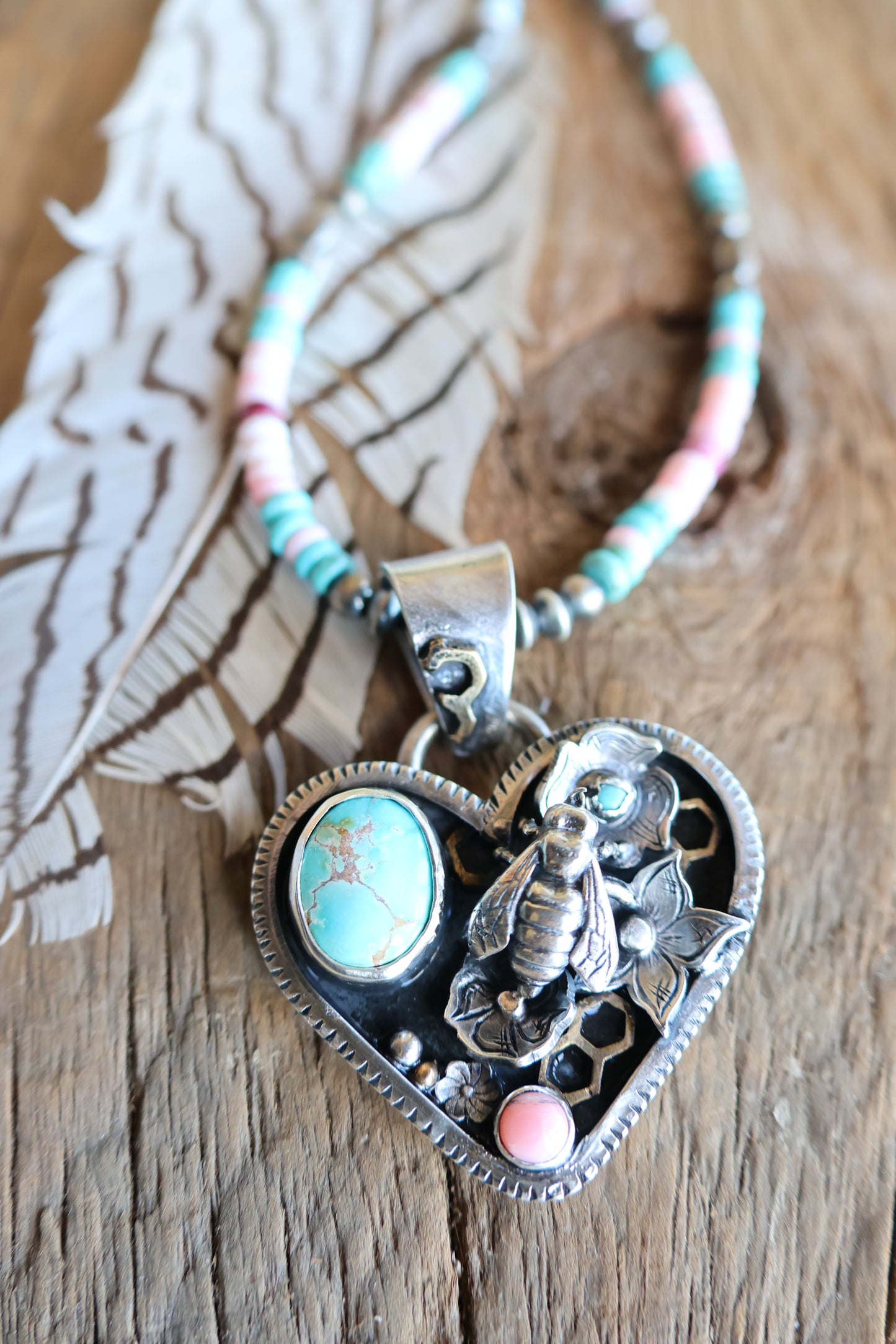 Honey Bee flower heart pendant