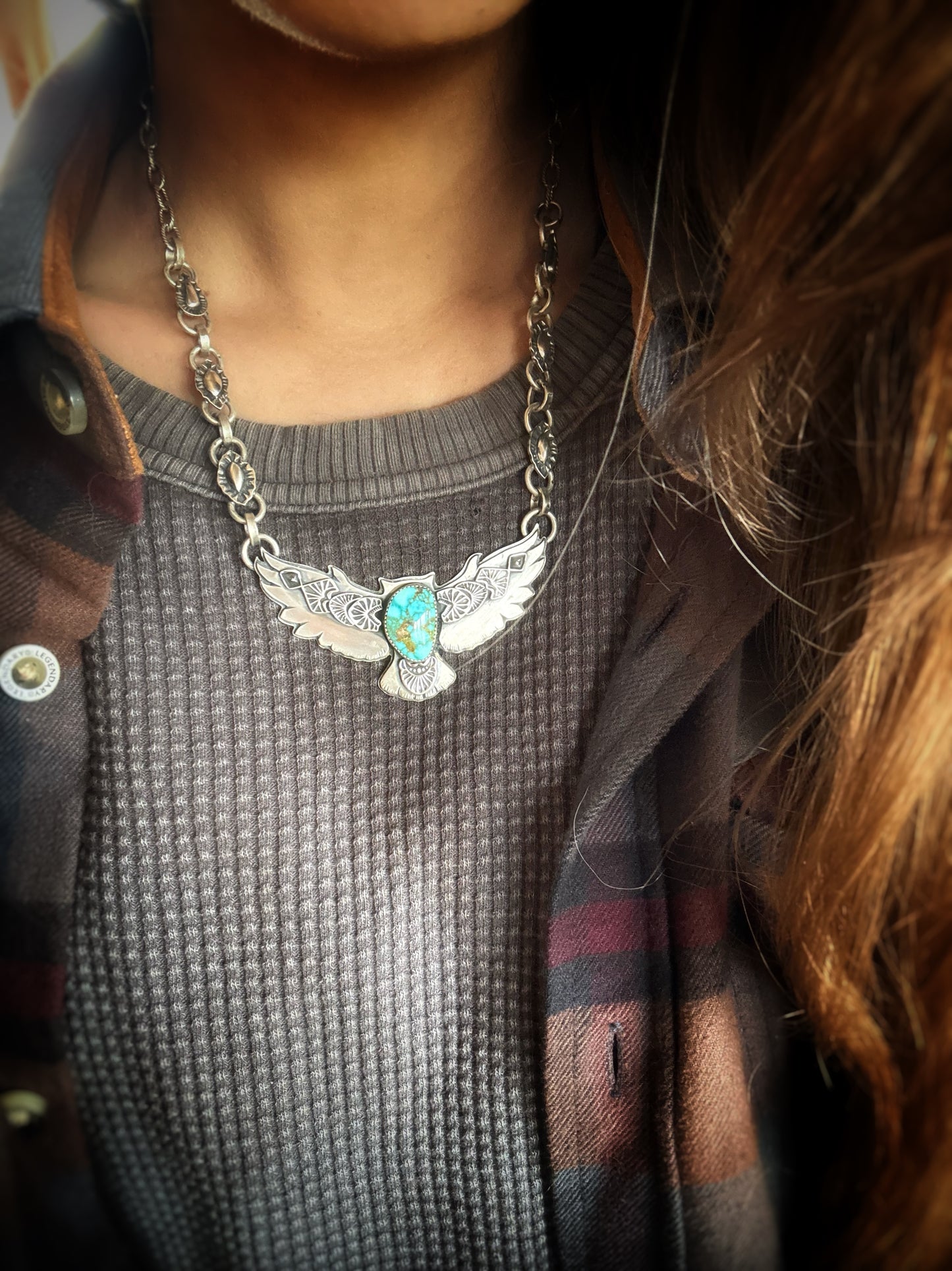 Big Owl necklace with red webbed Kingman turquoise