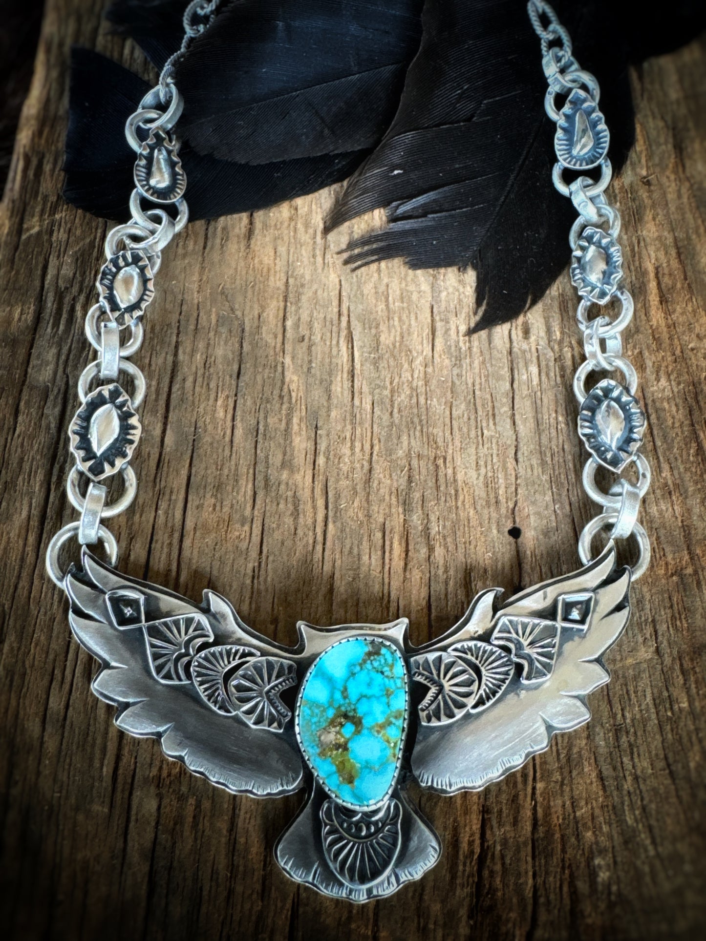 Big Owl necklace with red webbed Kingman turquoise