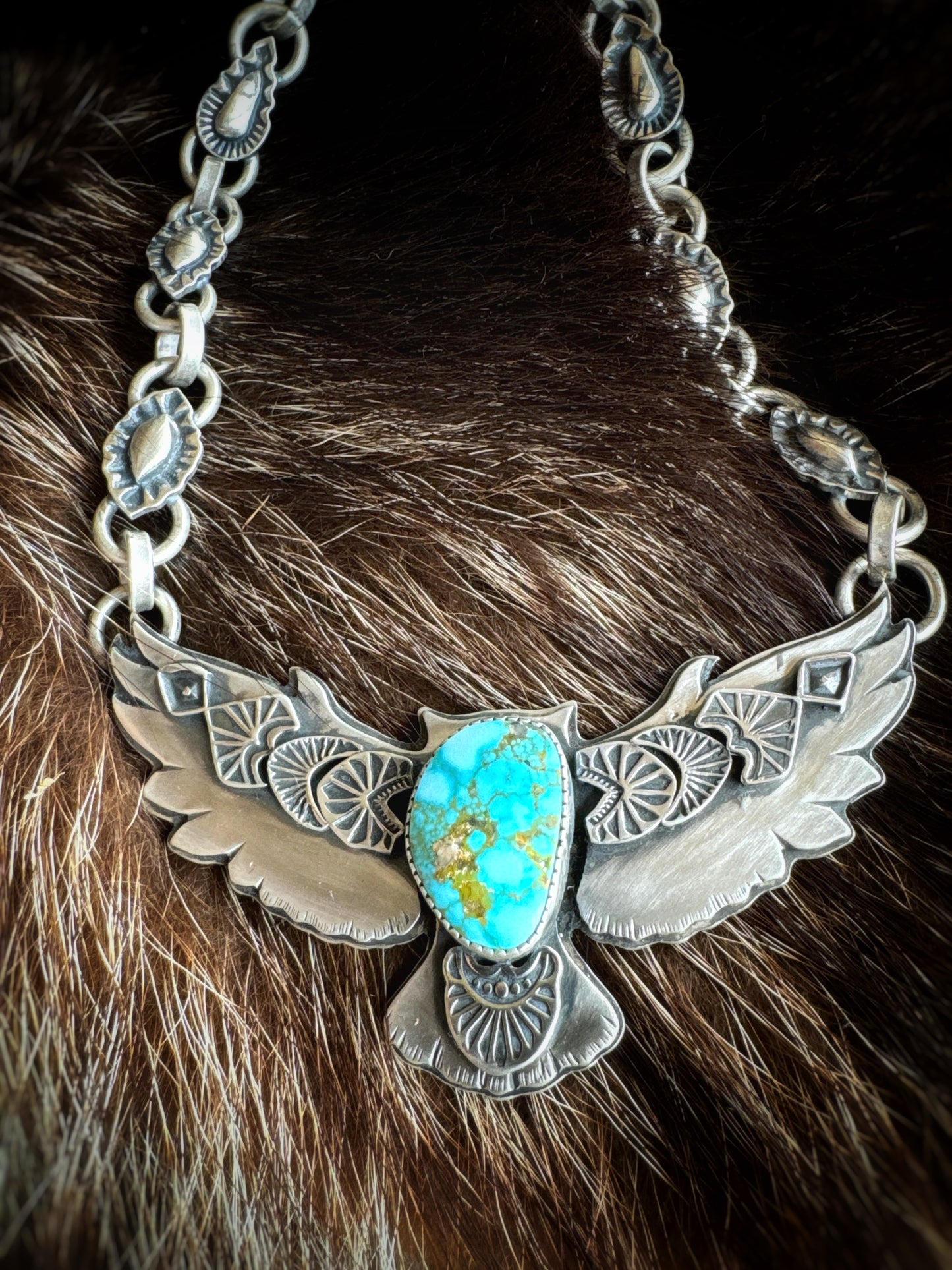 Big Owl necklace with red webbed Kingman turquoise