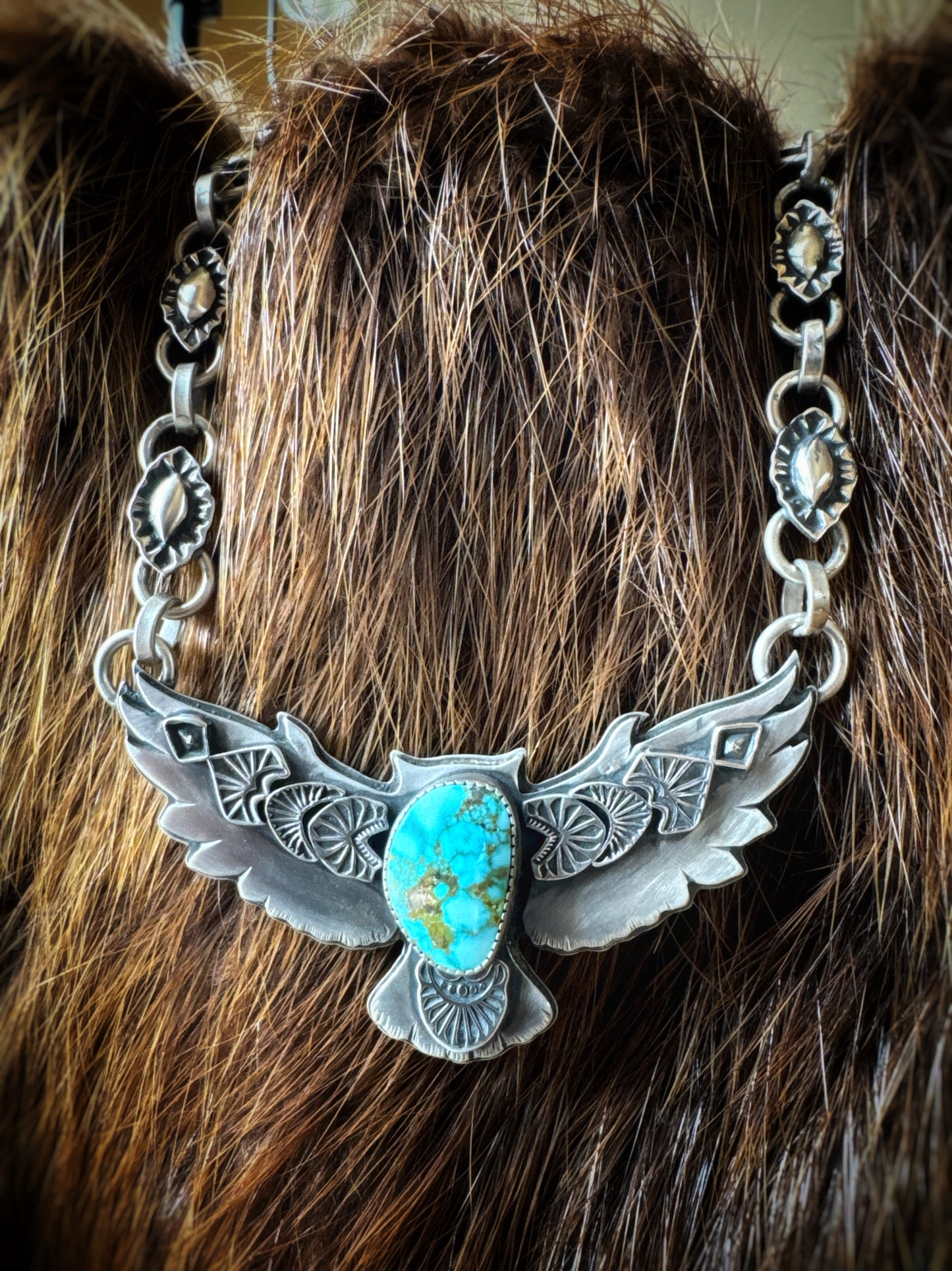 Big Owl necklace with red webbed Kingman turquoise