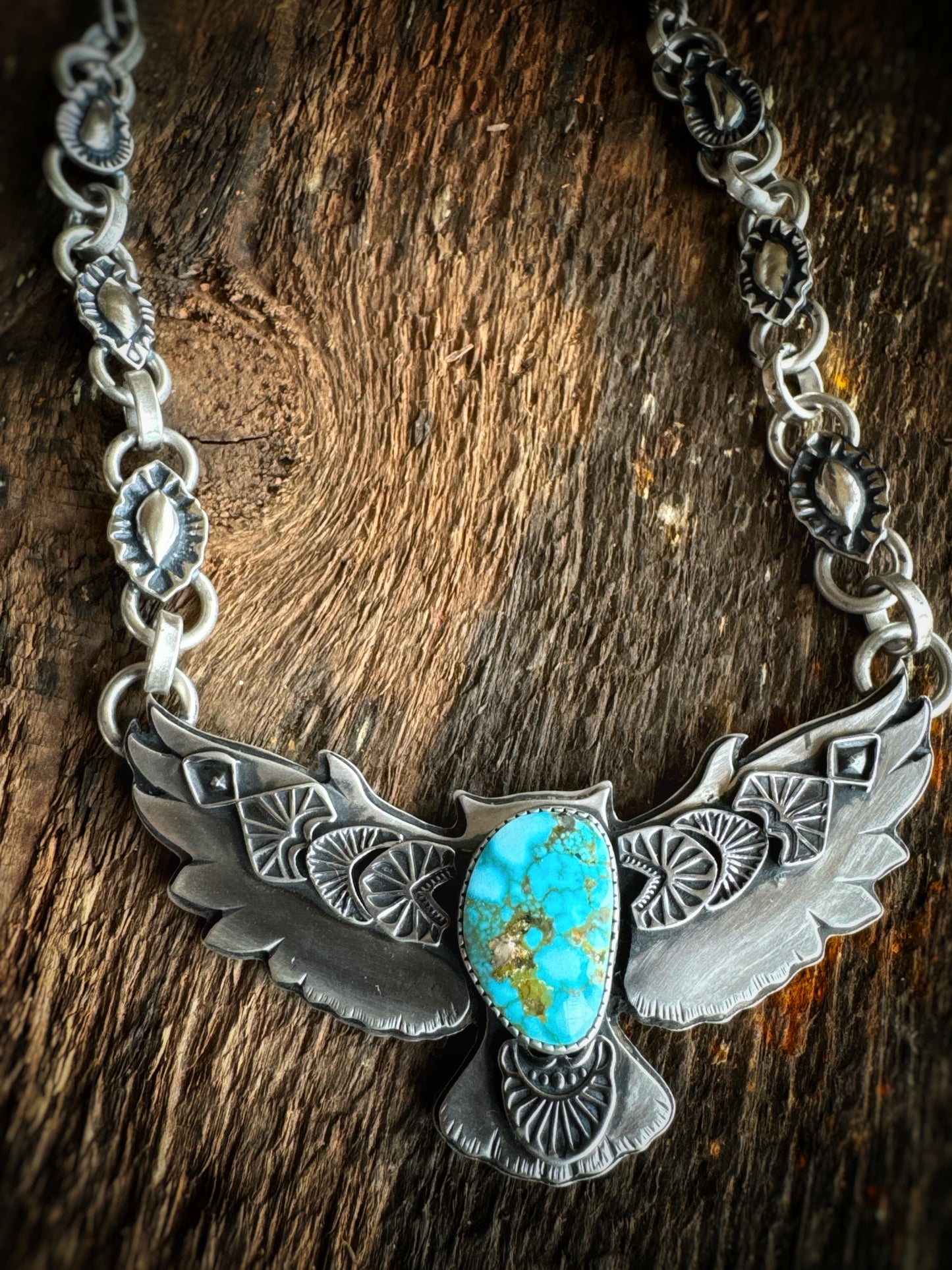 Big Owl necklace with red webbed Kingman turquoise