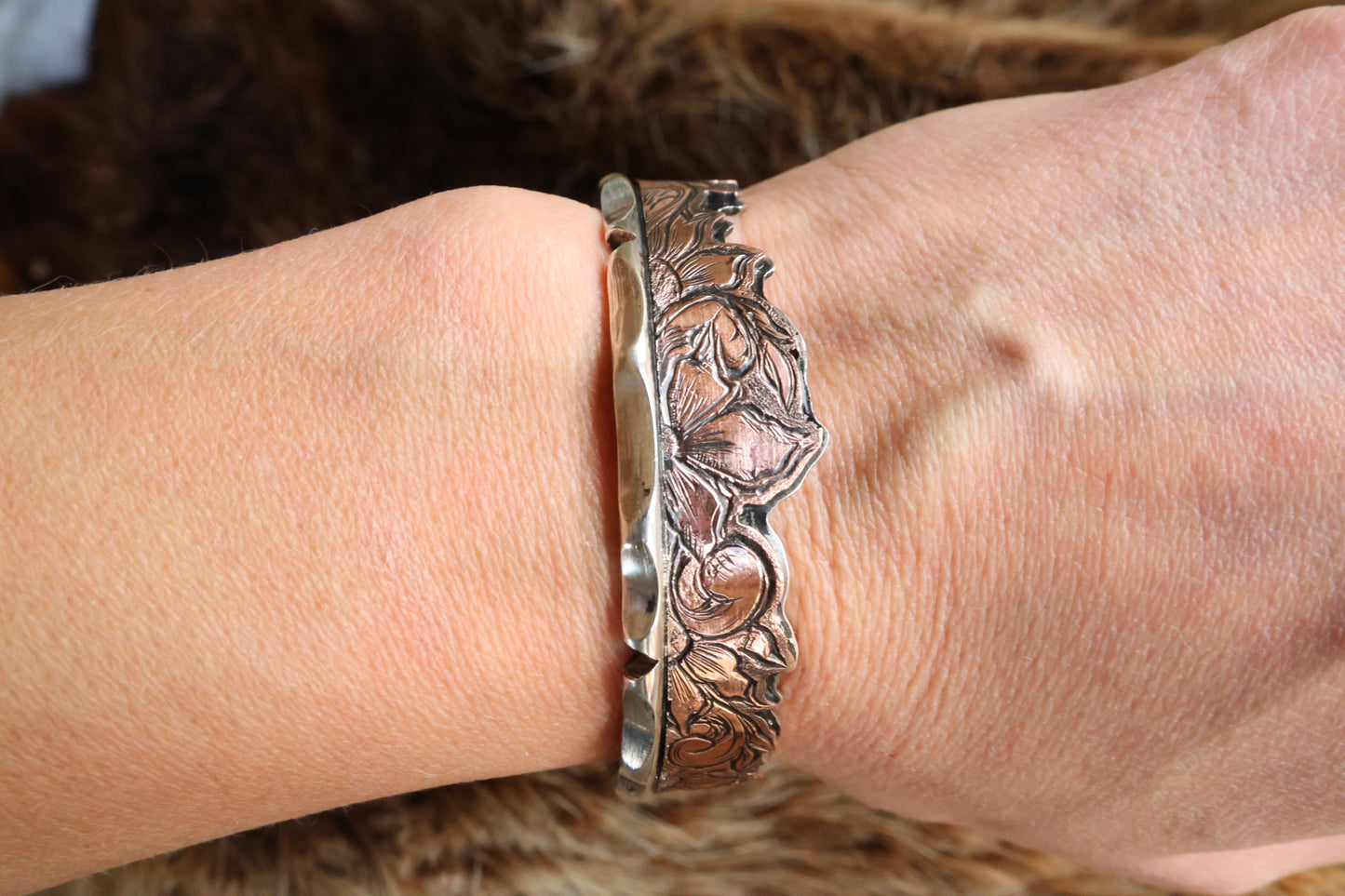 Engraved Flower Copper and Sterling Silver Cuff