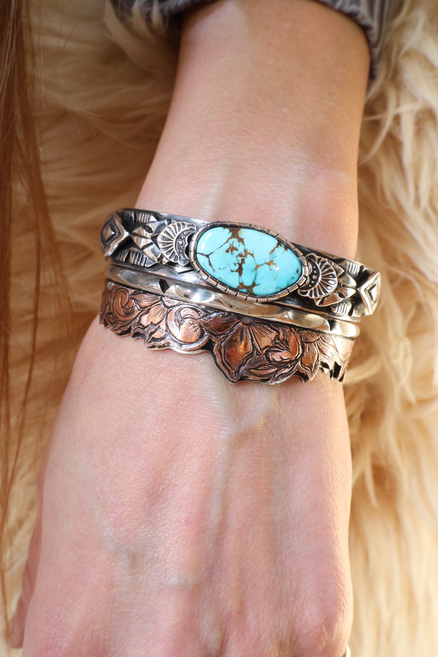 Engraved Flower Copper and Sterling Silver Cuff