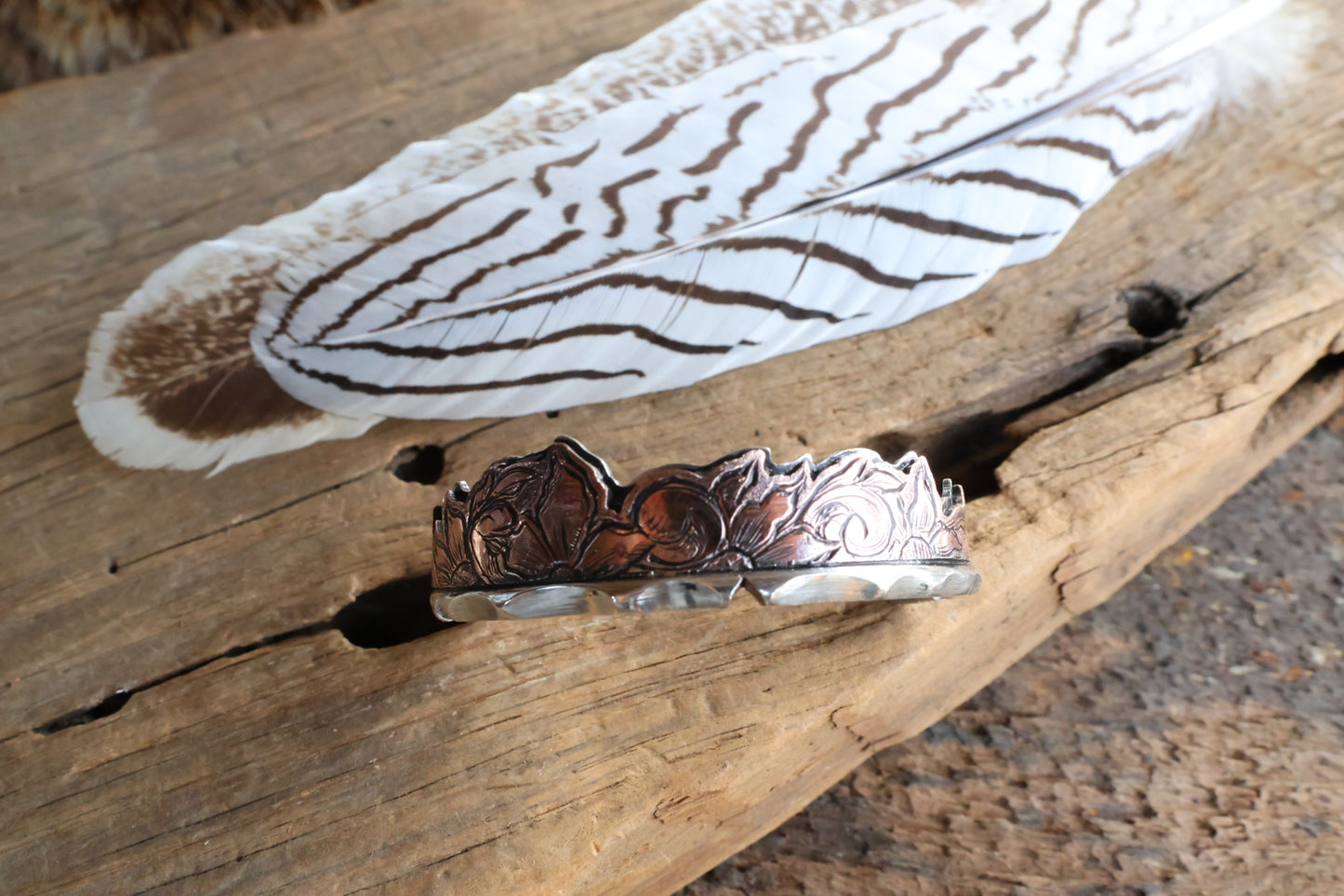 Engraved Flower Copper and Sterling Silver Cuff