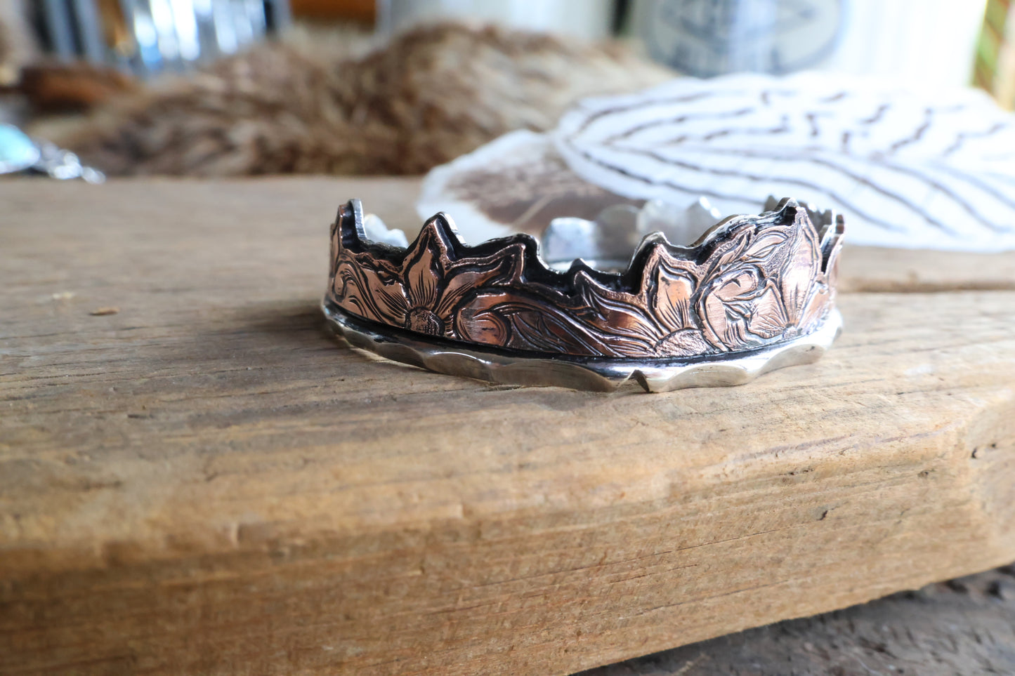 Engraved Flower Copper and Sterling Silver Cuff