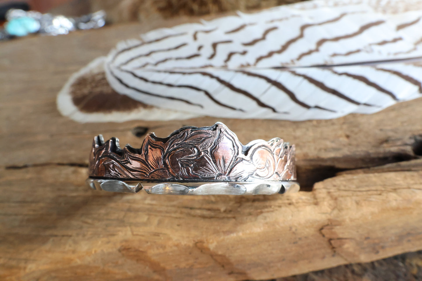 Engraved Flower Copper and Sterling Silver Cuff