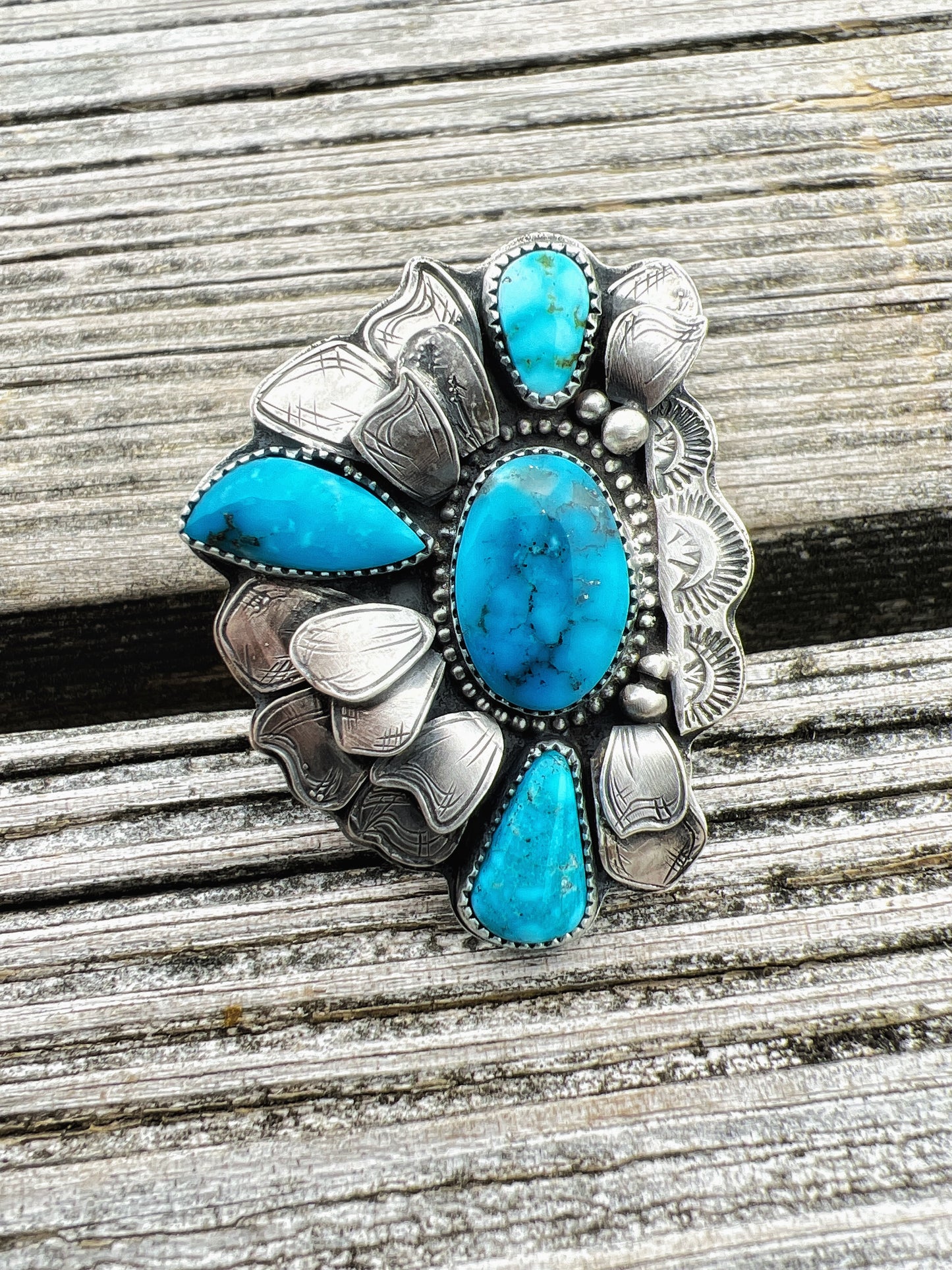 Kingman turquoise flower cluster ring