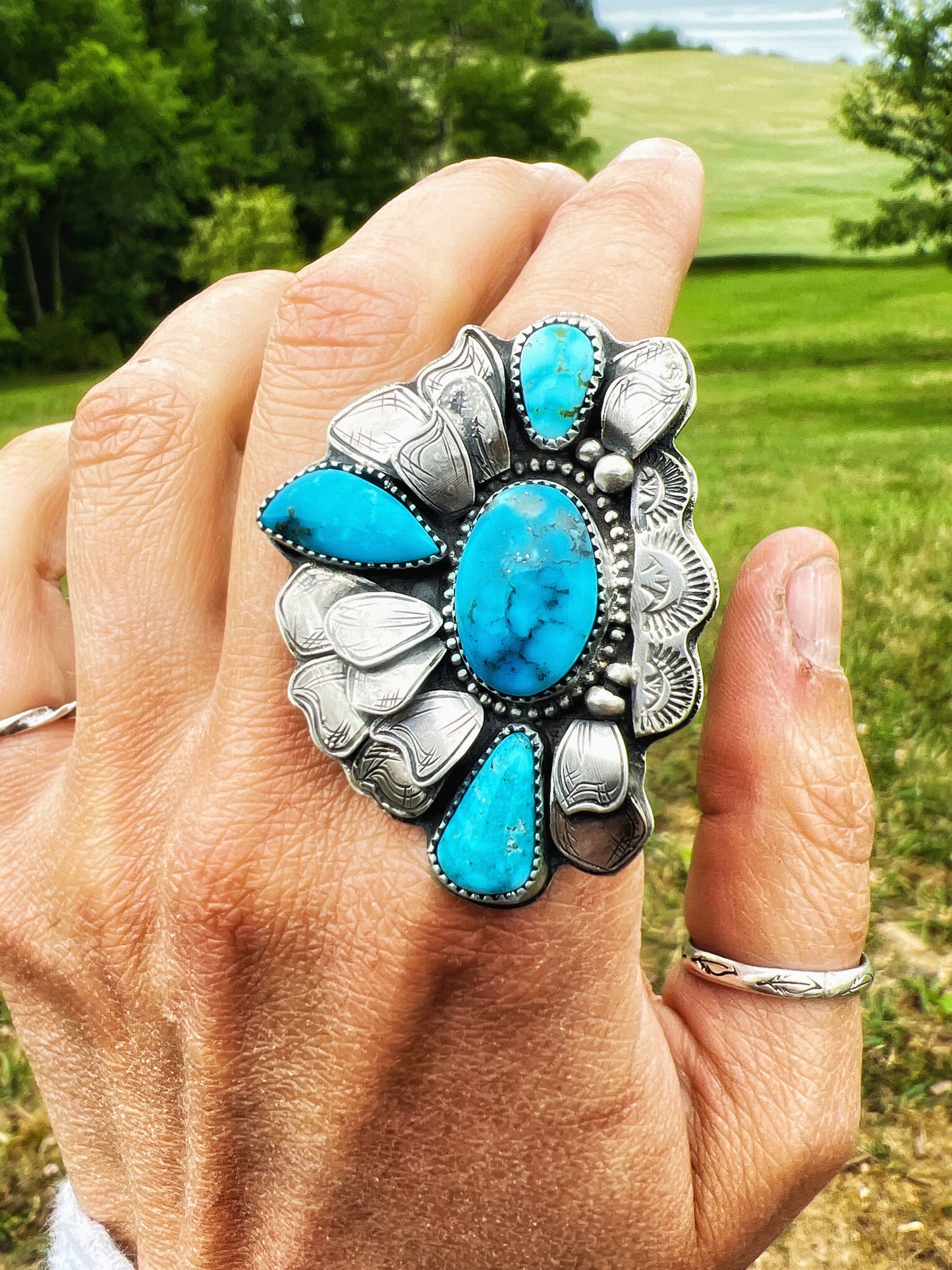 Kingman turquoise flower cluster ring