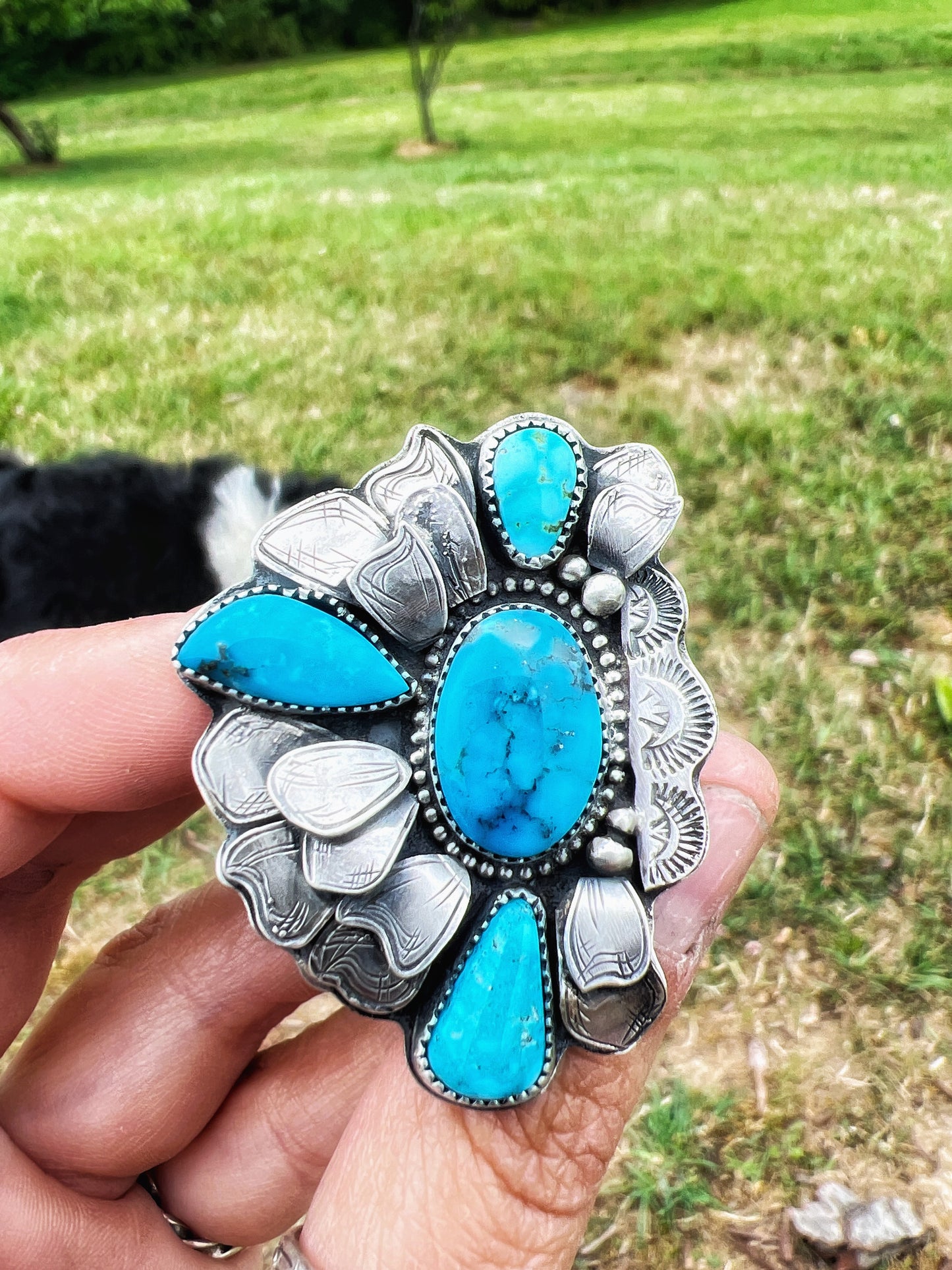 Kingman turquoise flower cluster ring