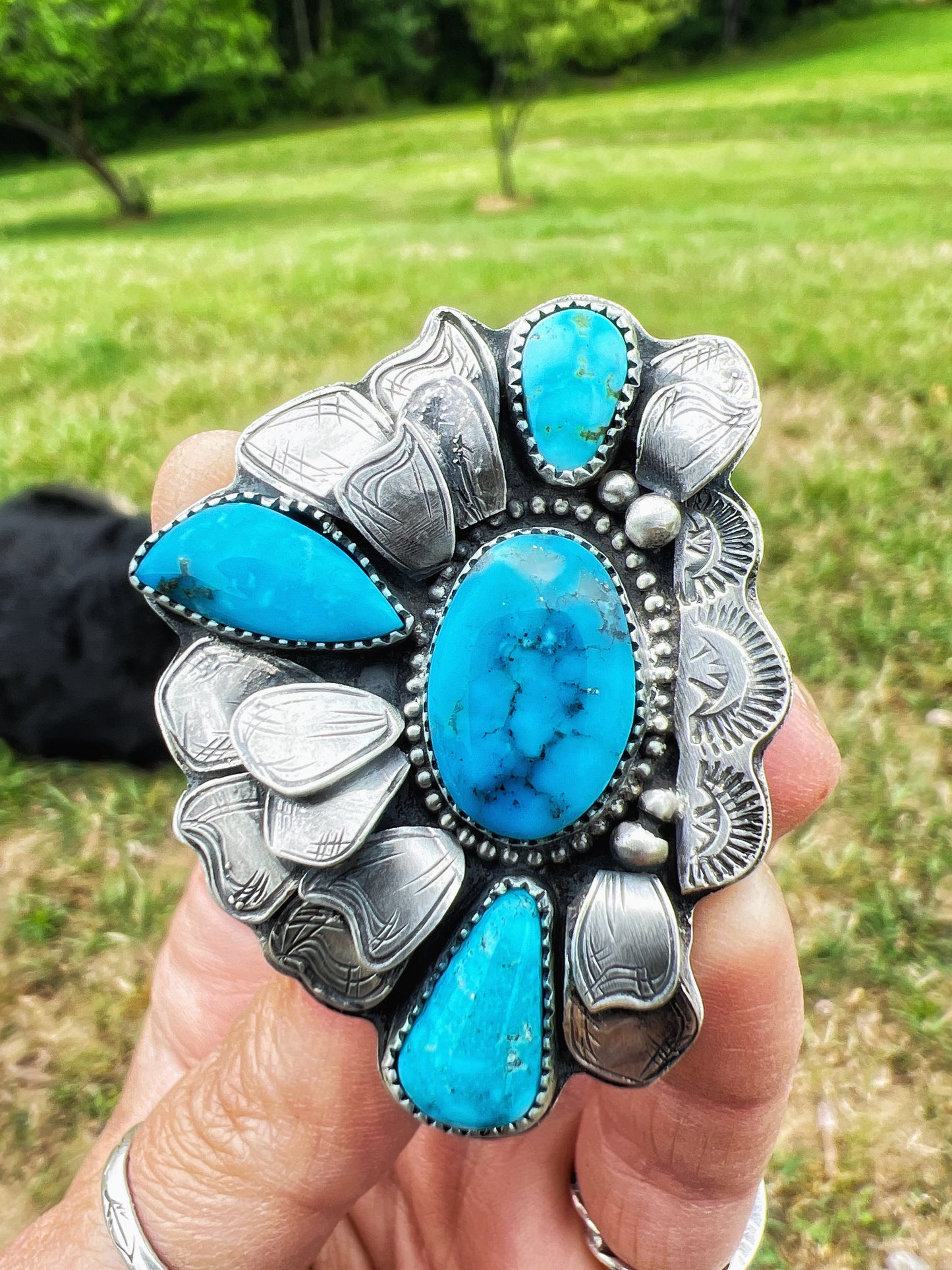 Kingman turquoise flower cluster ring