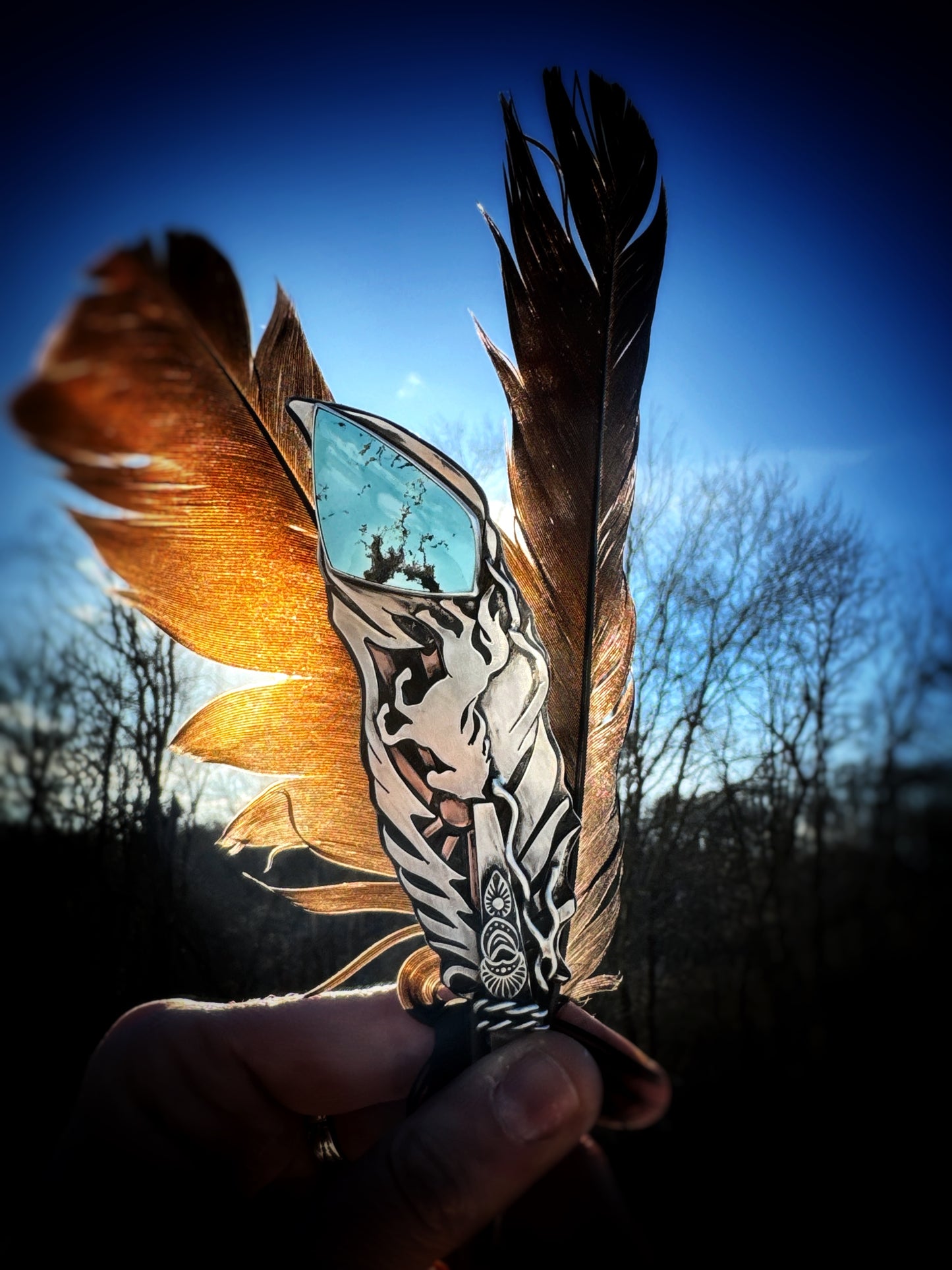 Wild horse Feather with Blue Gem Turquoise  Pendant