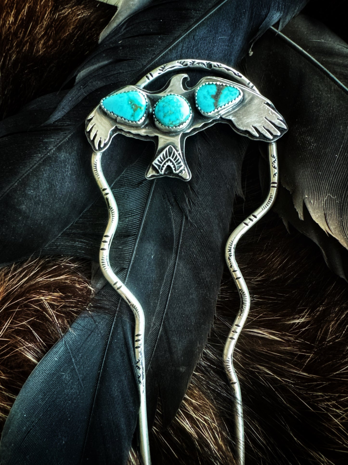 Crow hair fork with turquoise mountain