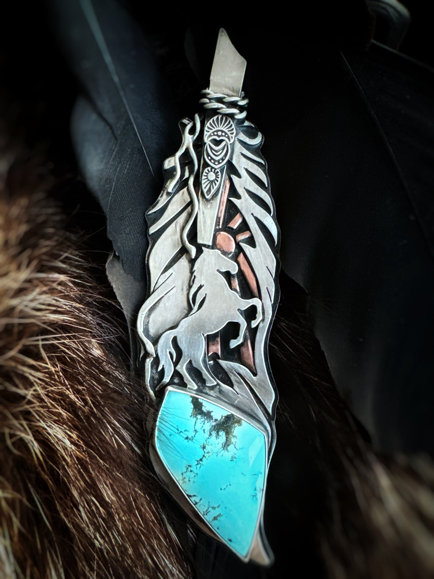 Wild horse Feather with Blue Gem Turquoise  Pendant