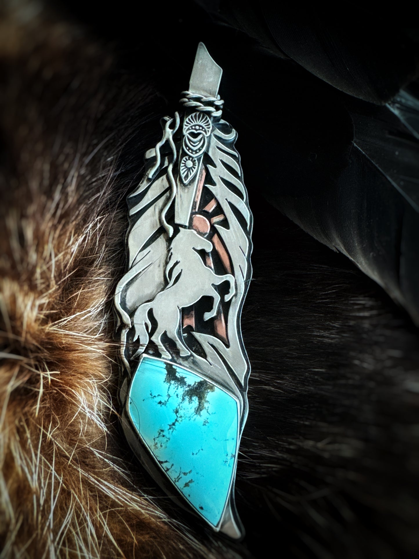 Wild horse Feather with Blue Gem Turquoise  Pendant