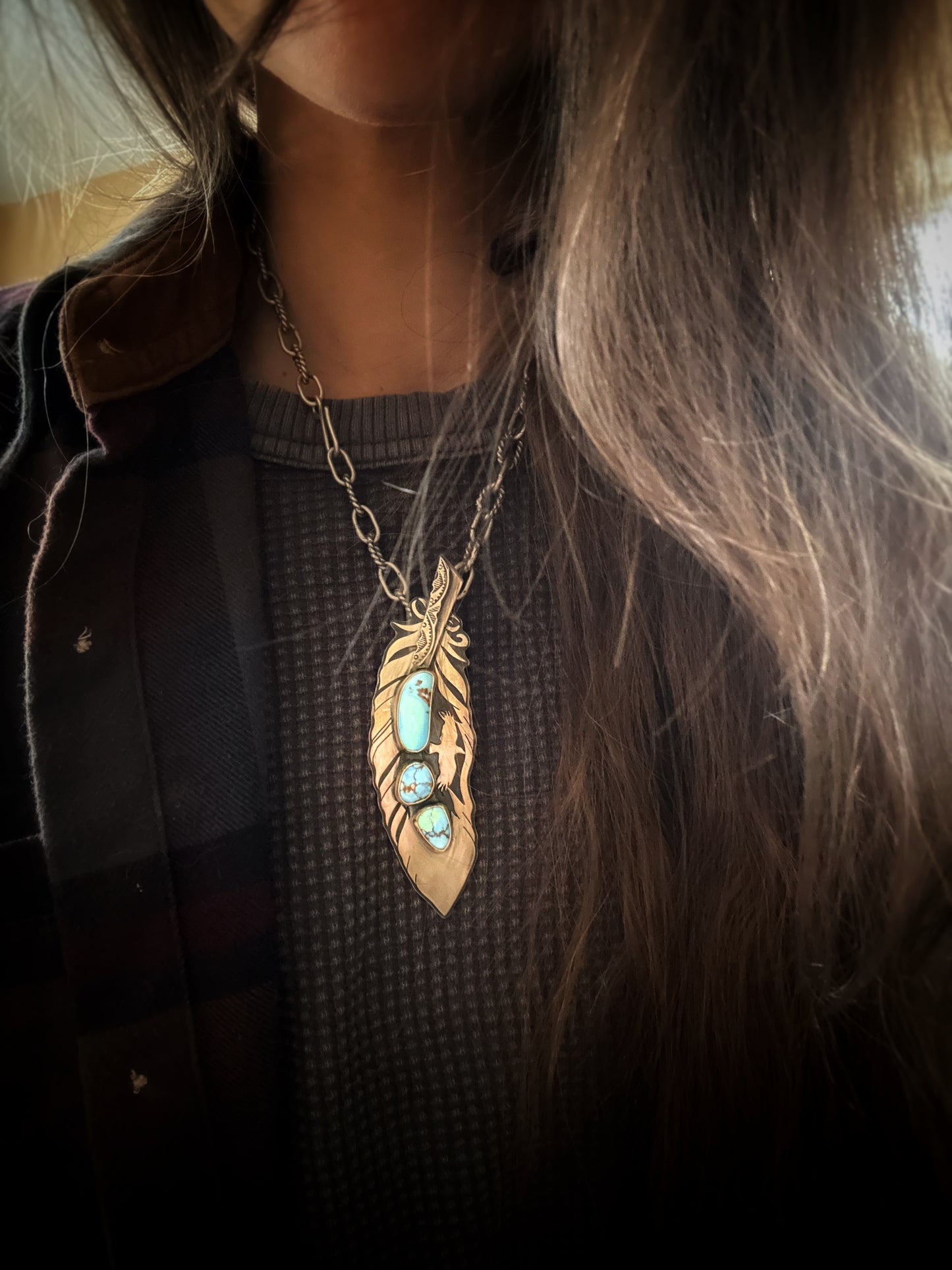 Feather Crow • Golden Hills turquoise Pendant