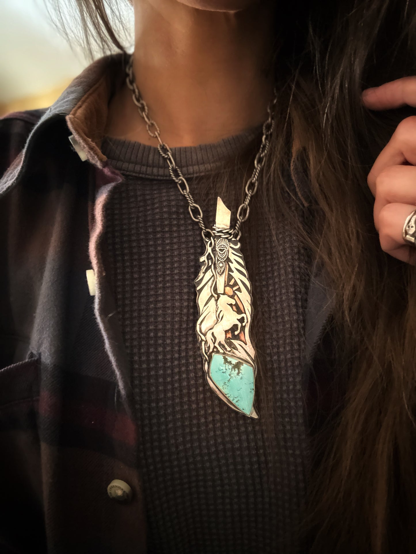 Wild horse Feather with Blue Gem Turquoise  Pendant