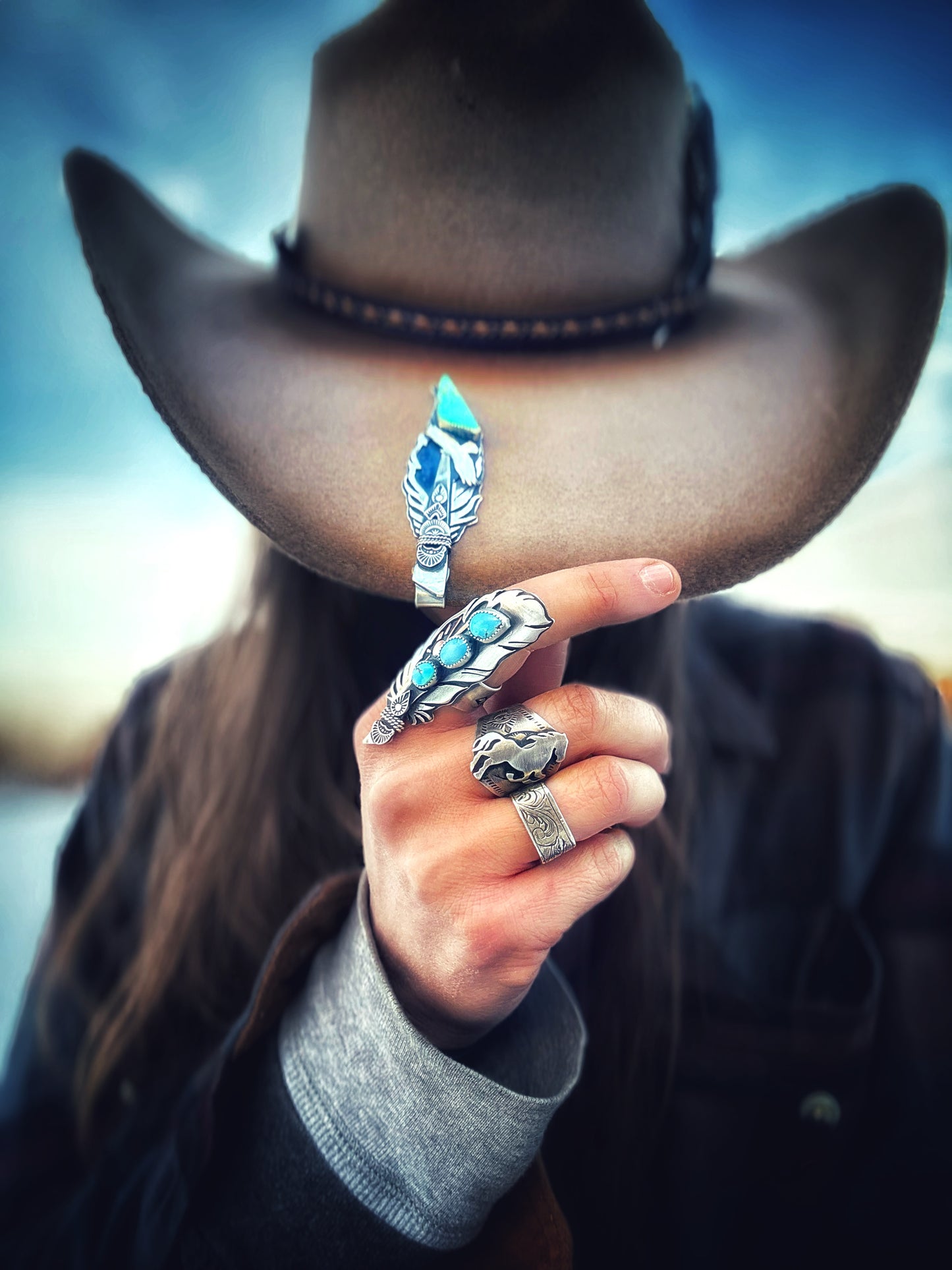 Feather Hat Brim Slider with Blue Gem Turquoise