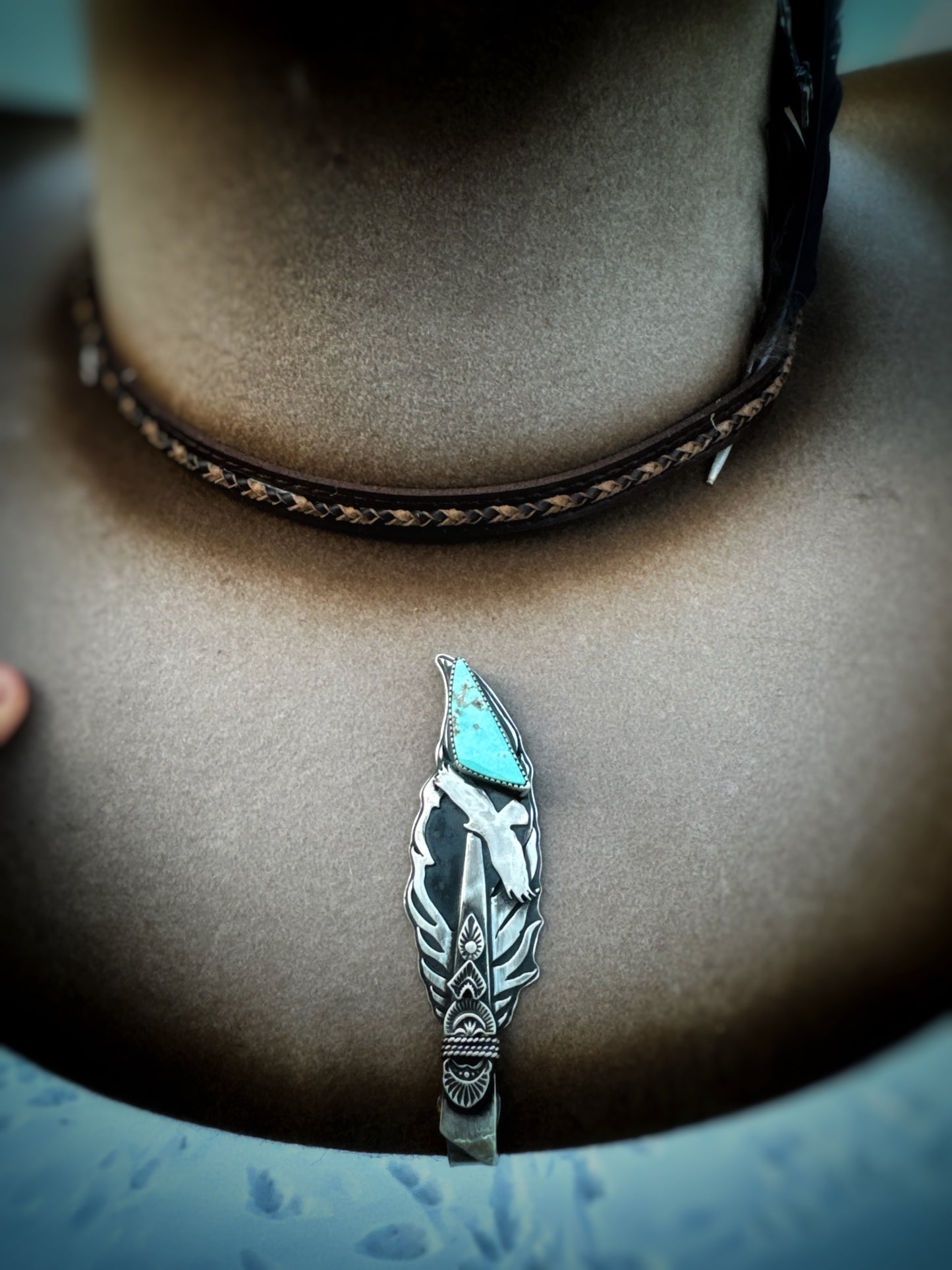 Feather Hat Brim Slider with Blue Gem Turquoise