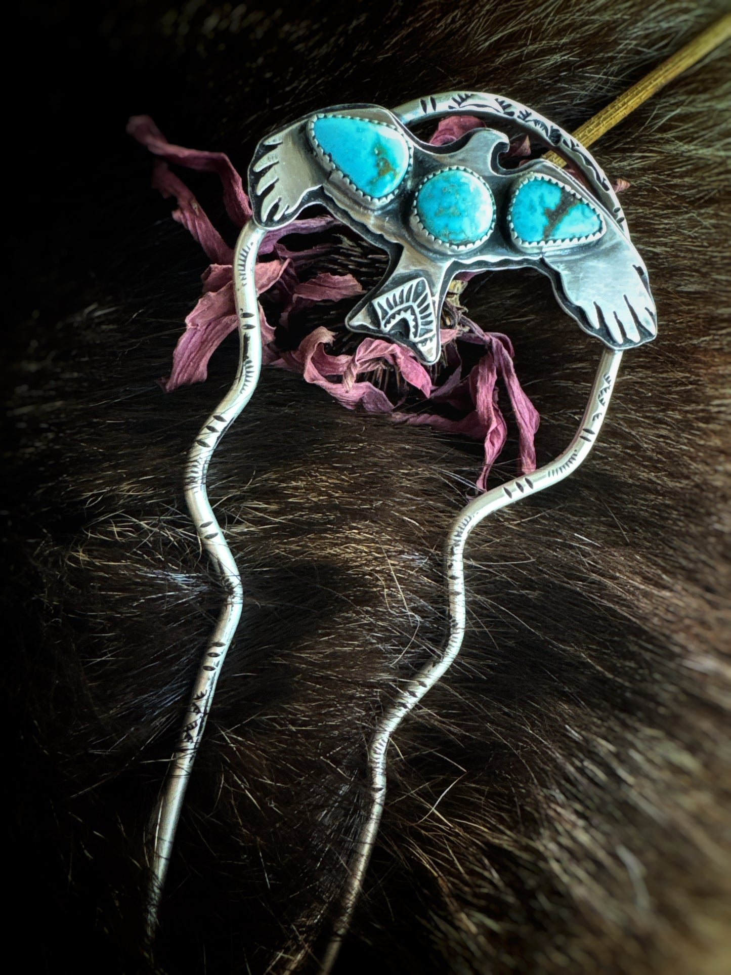 Crow hair fork with turquoise mountain