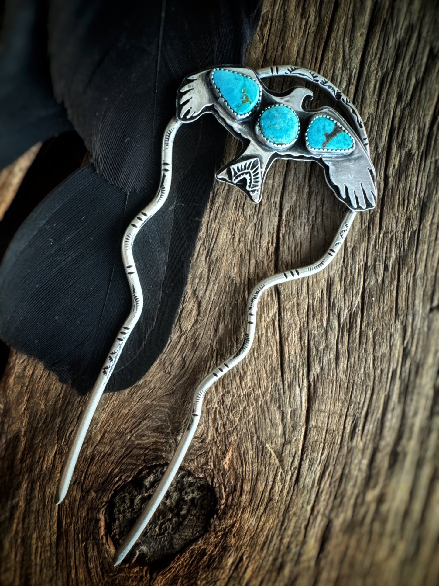 Crow hair fork with turquoise mountain