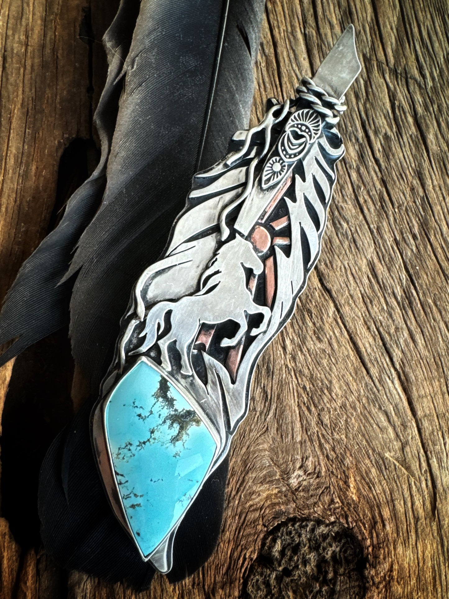 Wild horse Feather with Blue Gem Turquoise  Pendant